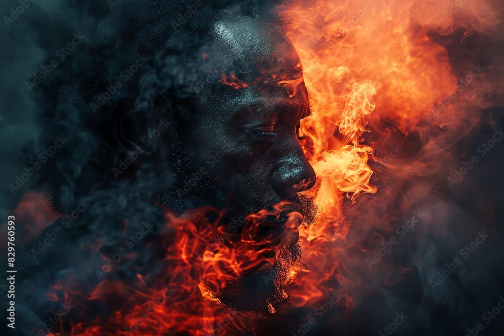 Abstract portrait of a man with smoke and fire in the background, symbolizing conflict and transformation. Abstract portrait of a man with smoke and fire in the background, symbolizing conflict and transformation.