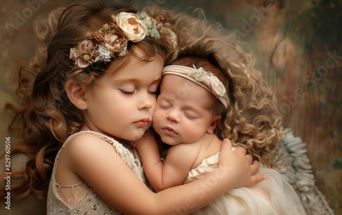 Big Sister Cuddles Her New Baby Sister, A Touching Sisterly Bond, Sisterly Affection Ai Generated © Usama