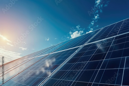 A solar panel is shown in the sky with the sun shining on it. Concept of energy and sustainability, as solar panels are a renewable source of power. The blue sky and the sun's rays create a bright