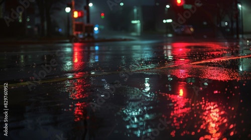 A night scene with a traffic light showing red, and the reflections of the lights on wet pavement after a rain. © Plaifah