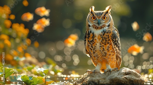 A majestic owl perched on a rock, surrounded by a shimmering pond and playful fish.