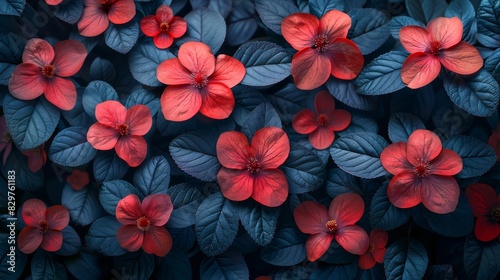 A striking image of vivid red flowers against a contrasting blue-leafed background, capturing beauty in nature