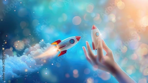 A creative image depicting a miniature rocket flying out of a human hand, surrounded by a magical vortex of sparkling stardust. The concept of development, success, and innovation.