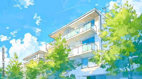 新しくて綺麗な日本のアパートの水彩イラスト