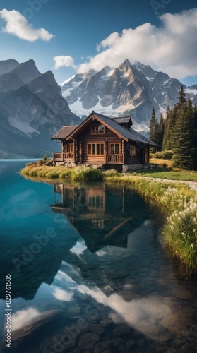 Idyllic wooden cottage with a backdrop of serene lake and majestic mountains.