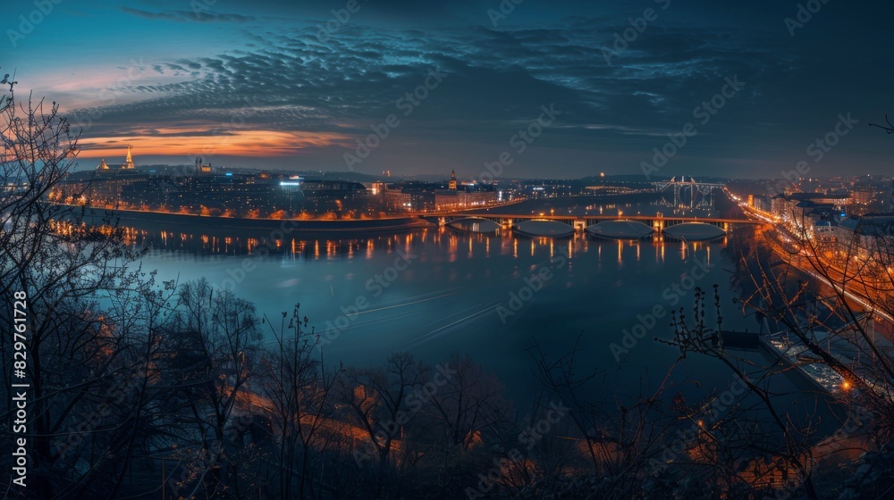 Fototapeta premium A panoramic night shot of a bridge spanning a river, with the illuminated cityscape in the background.