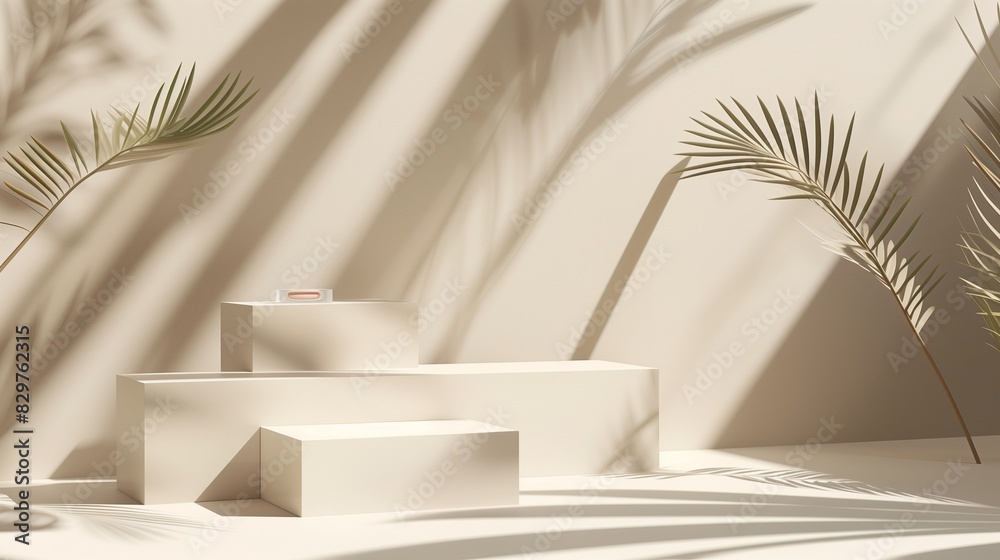 A 3D product display podium set against a beige studio background, featuring geometric platforms and elegant palm leaves casting soft shadows, designed for showcasing cosmetics, in A 3D product display podium set against a beige studio background, featuring geometric platforms and elegant palm leaves casting soft shadows, designed for showcasing cosmetics, in