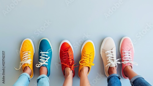 Wallpaper Mural In the image, several people's hands are showcasing different colors and styles of summer shoes on an isolated light grey background, leaving ample copy space.  Torontodigital.ca