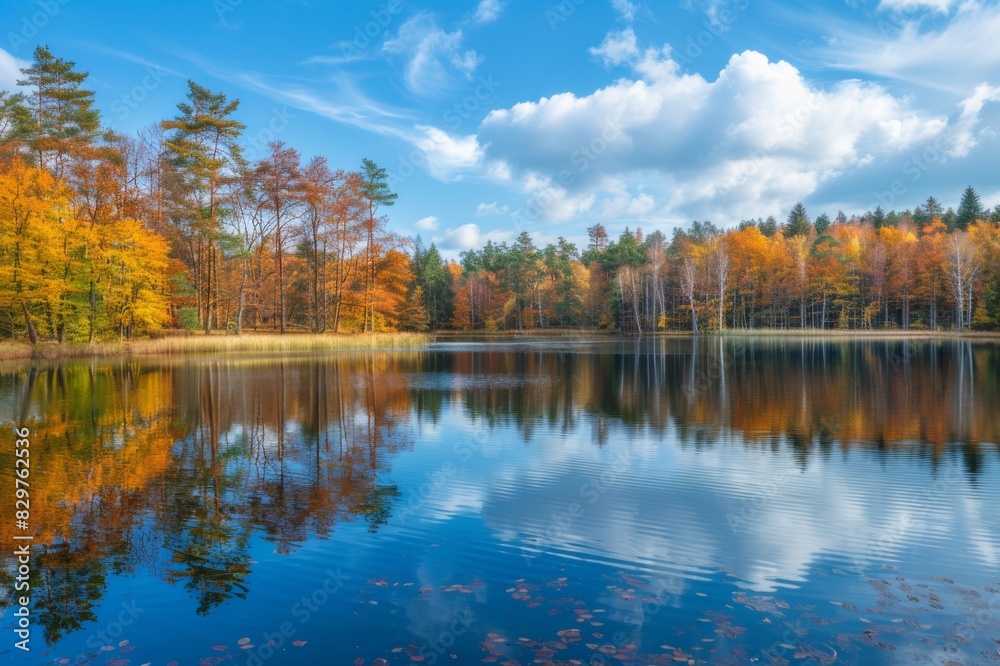 A lake in the autumn forest, reflecting in its surface crimson and golden trees under the blue sky. A lake in the autumn forest, reflecting in its surface crimson and golden trees under the blue sky.