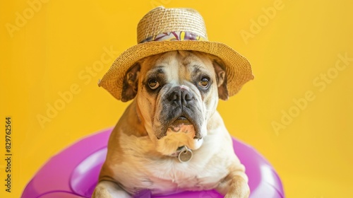 Canine Fashion Statement: Dog Sporting a Straw Hat Perched on a Vibrant Purple Ball