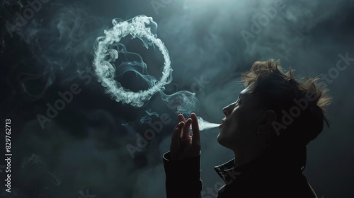 A person blowing a smoke ring in a dark room, with the ring floating gracefully through the air. photo