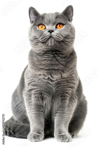 Front View of British Shorthair Cat Sitting Isolated on White Background