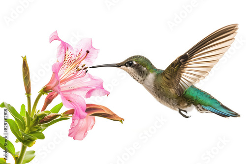 Hummingbird Hovering Near Pink Flower on White Background © DeepMind