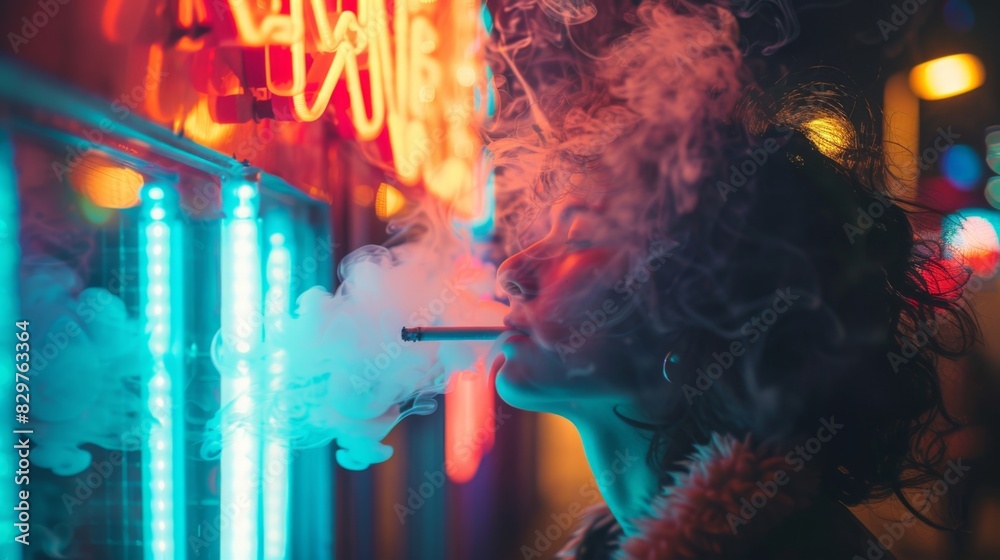 A person smoking in front of a neon sign at night, with the colorful lights illuminating the cigarette smoke.