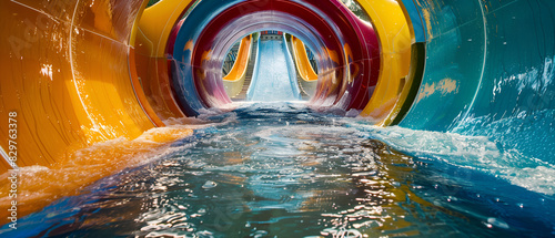 Water slide in the middle of the pool with blue sky in the background ,swimming pool with blue water ,Colored water slides at waterpark during summer day