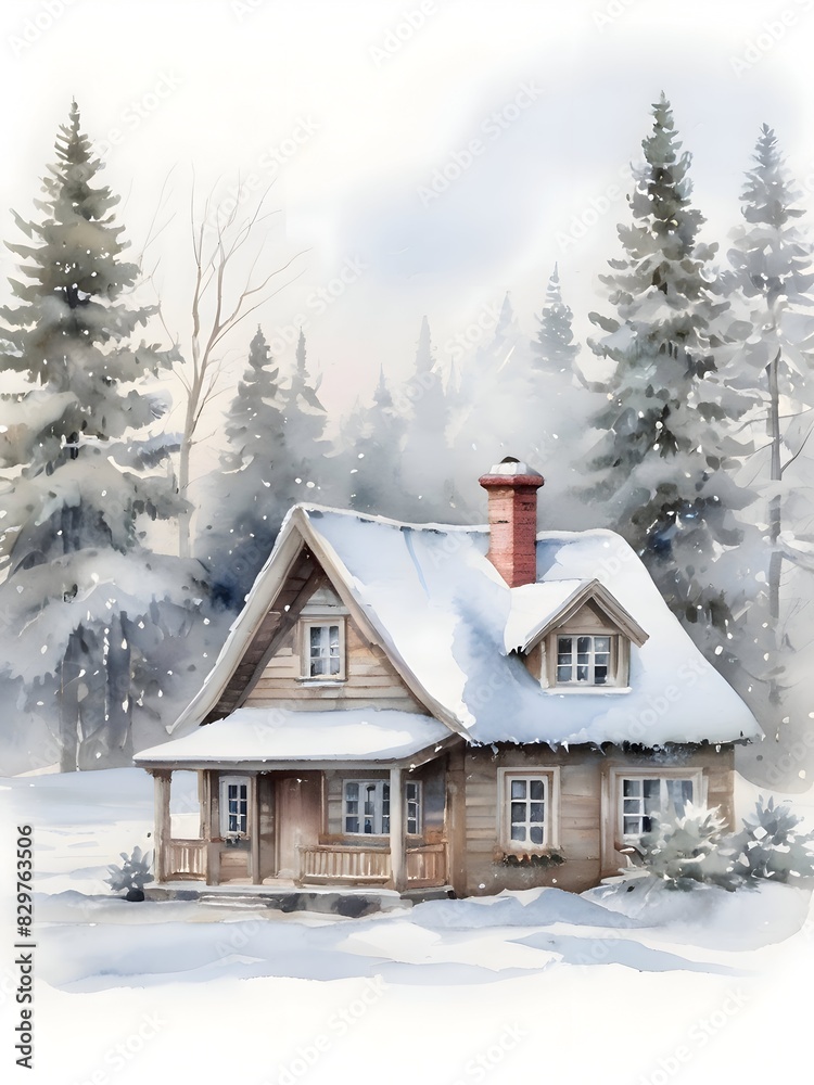 Winter Cottage House Nature Watercolor Art