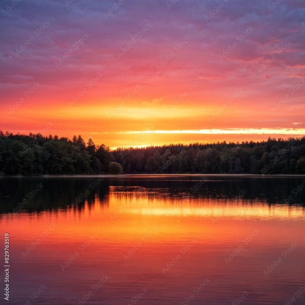 A breathtaking sunset over a calm lake, with the sky painted in vibrant hues of orange and pink, reflecting on the water.