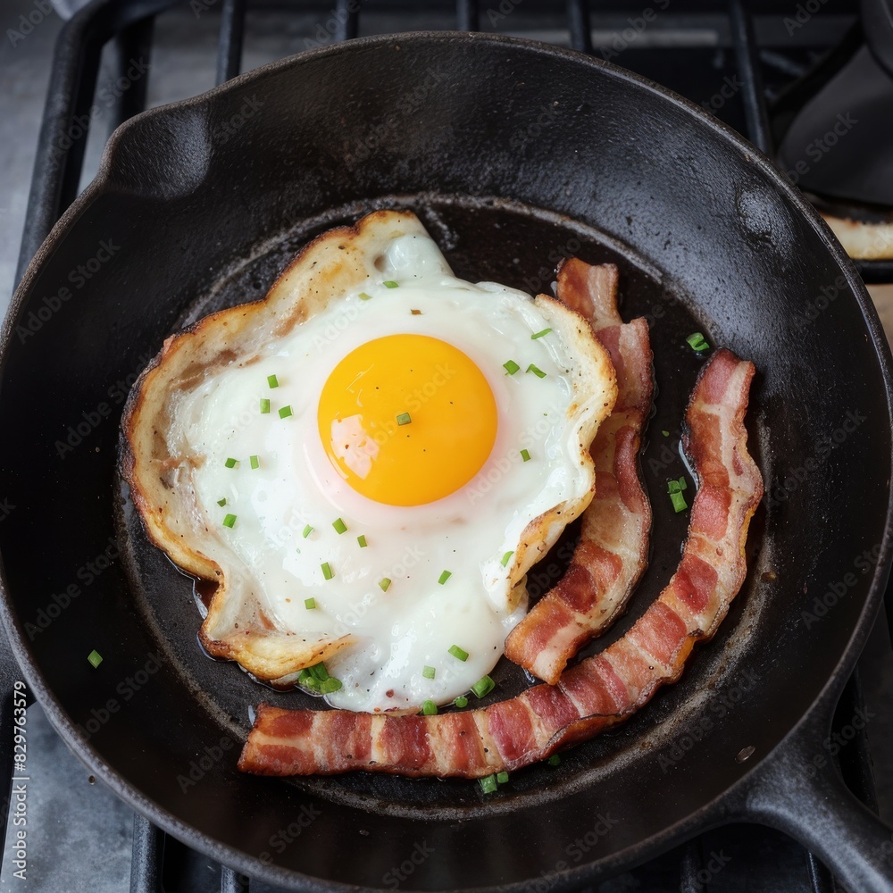 A frying pan with a cooked sunny-side-up egg and strips of crispy bacon, placed on a stove. A frying pan with a cooked sunny-side-up egg and strips of crispy bacon, placed on a stove.