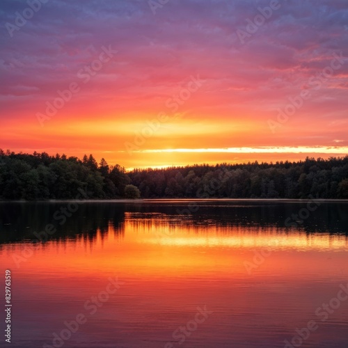 A breathtaking sunset over a calm lake  with the sky painted in vibrant hues of orange and pink  reflecting on the water.