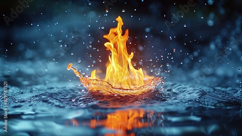 Fire flames on a dark background with smoke and water drops. Close-up.