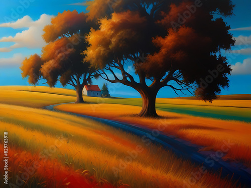 Beautiful orange and green colorful autumn landscape painting, grass fields and fall season trees