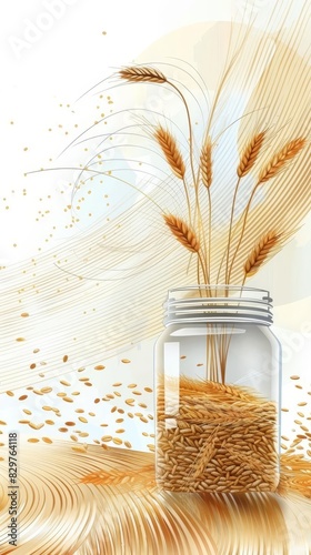 A simple and clean banner image of a single jar filled with barley, centered with copyspace on either side photo