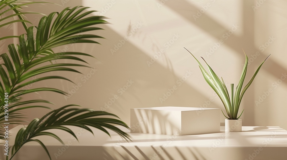 A modern podium scene with a sleek geometric platform and lush palm leaves, set in a minimalist beige studio, ideal for highlighting cosmetic products, in A modern podium scene with a sleek geometric platform and lush palm leaves, set in a minimalist beige studio, ideal for highlighting cosmetic products, in