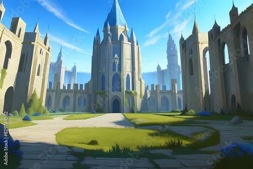 ゲーム背景　青空と中庭のある城 © 月とサカナ SNAO