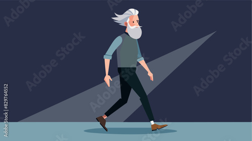 An older male model with silver hair and a beard struts down the runway defying the industrys narrow standards of youthfulness.. Vector illustration