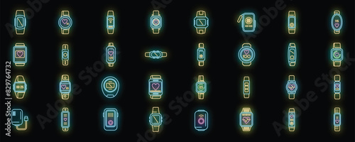 Wearable tracker icons set outline vector. Fitness bracelet. Wristband digital neon color on black