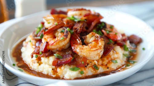 A plate of Southern-style shrimp and grits with tender shrimp, creamy grits, and flavorful bacon, served for brunch.