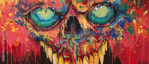 Abstract skull with dripping paint in vibrant colors. photo