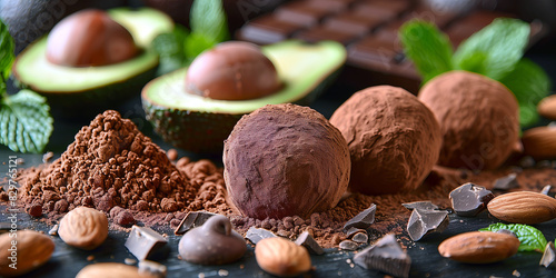 Avocado Chocolate Truffles made by blending avocado with melted chocolate, then rolling in cocoa powder.