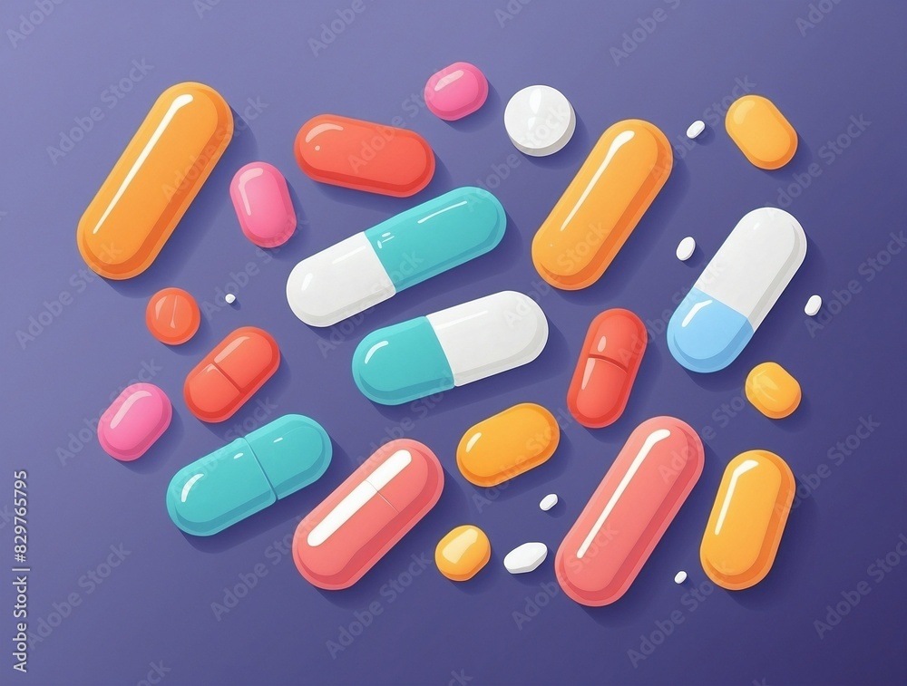 Simple illustration of different pills and capsules. Medication on the purple background Simple illustration of different pills and capsules. Medication on the purple background