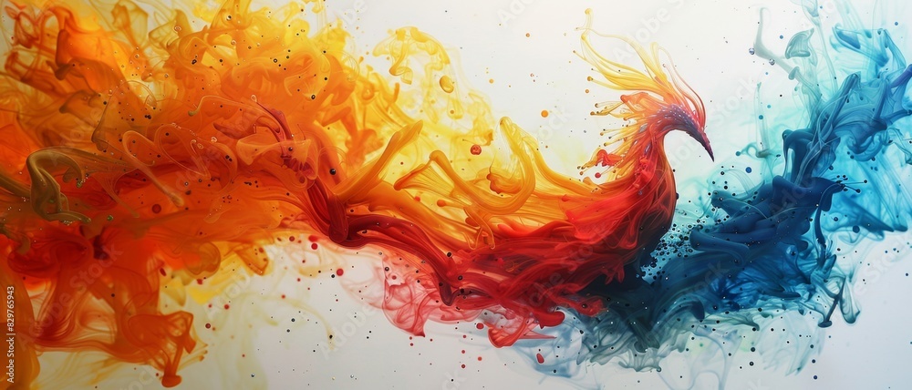 Abstract painting of a fiery phoenix with blue and orange wings. Abstract painting of a fiery phoenix with blue and orange wings.