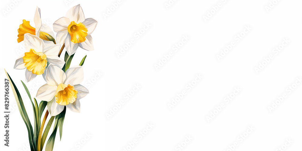 White and yellow daffodils Watercolor illustration. An empty space for the text.