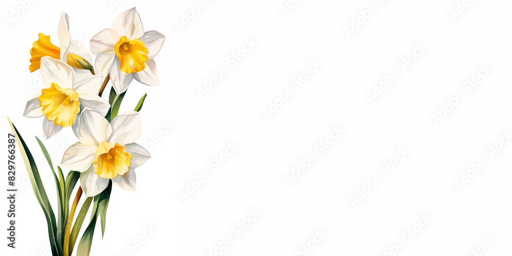 Obraz premium White and yellow daffodils Watercolor illustration. An empty space for the text.