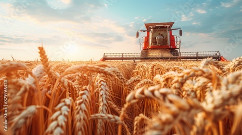 a framed perspective, a harvester diligently reaps wheat in a golden rye or grass meadow during the summertime, set against a picturesque blue sky with scattered clouds. photo