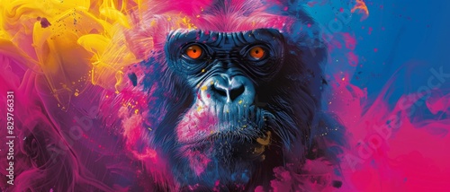 A gorilla's face with bright colors and swirling patterns.