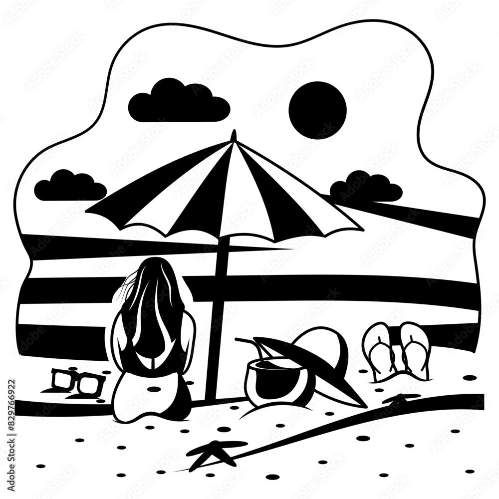 Obraz premium Lady siting on sand in swimsuit rear view vector design, Nature and landscape postcard Scenic Summer Season Vibes Sign, Idyllic Remote Beach stock illustration, Girl watching sunrise concept