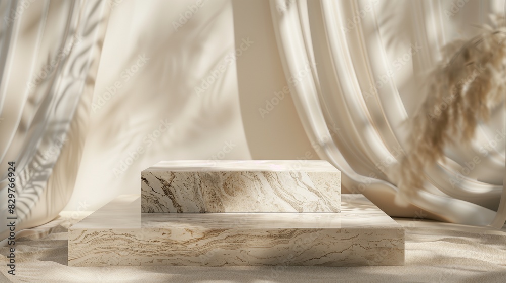 A sophisticated stone podium with natural veining, positioned in a serene, abstract setting with soft shadows, ideal for luxury cosmetic product presentations, in
