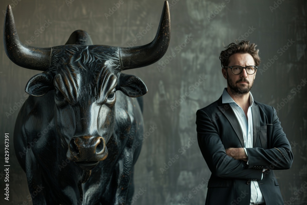 A portrait of an attractive businessman standing next to the black bull.