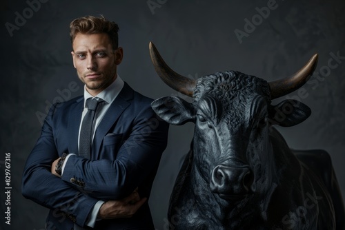A portrait of an attractive businessman standing next to the black bull. © Nalisa