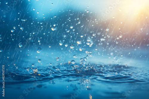 Raindrops splashing and creating ripples on a water surface with bokeh background