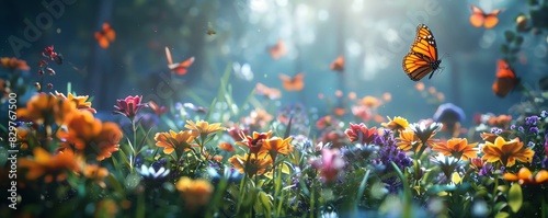 A mesmerizing meadow bathed in sunlight, brimming with vibrant flowers and fluttering butterflies, creating a magical and serene scene.