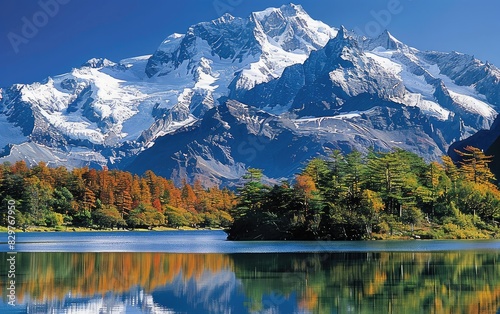 The Magnificence of a Snow-Blanketed Peak Rising Above an Alpine Lake Ai Generated