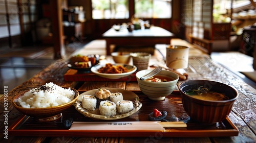 a traditional Japanese breakfast spread  including rice and rolls with fish  lotus root porridge  and assorted dishes  set in the cozy dining room of a home or restaurant.