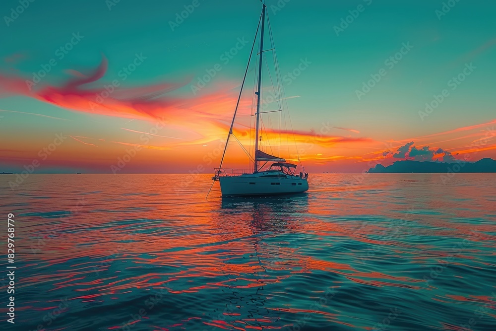 Fototapeta premium a wide view of the sea among Islands with the yacht sailing on sunset professional photography