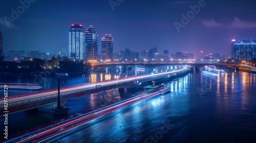 A scenic view of a bridge crossing a river at night  with boats passing underneath and city lights in the background.