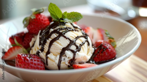 A scoop of creamy vanilla ice cream topped with fresh strawberries and drizzled with chocolate syrup, tempting and indulgent.